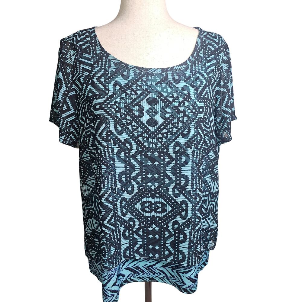 Dana Buchman Black and Light Blue Printed Short Sleeve Blouse